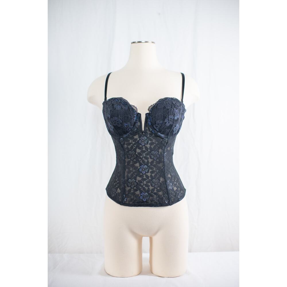 Vintage Y2K Victoria’s Secret Black Blue Lace Floral Corset Bustier, Gothic 36C